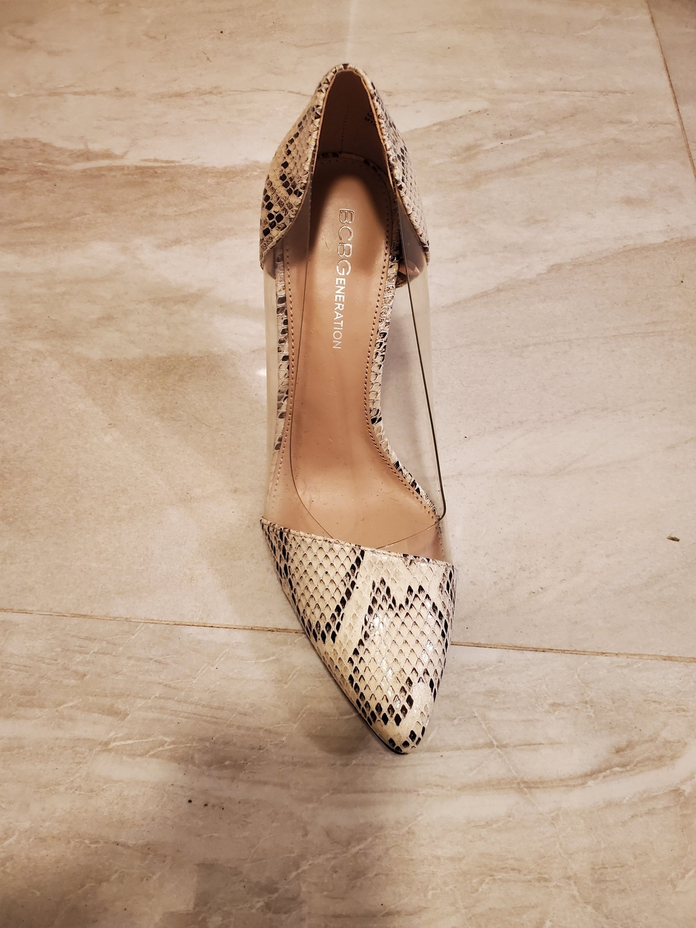 BCBGeneration Beige Snake-Print Pointed D'Orsay Pump